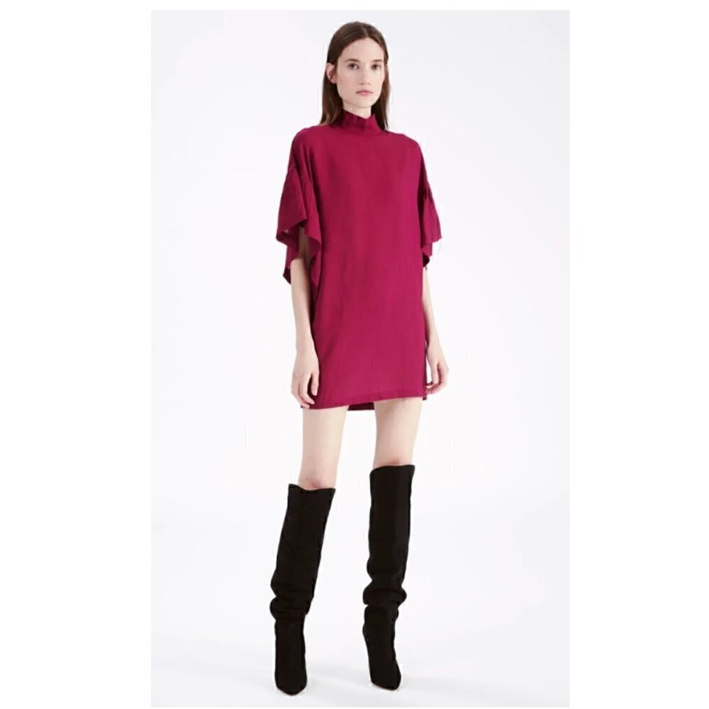 IRO Theifya Shift Dress 8 40 Split Ruffle Sleeve Mock Neck Fuchsia Luxury Party